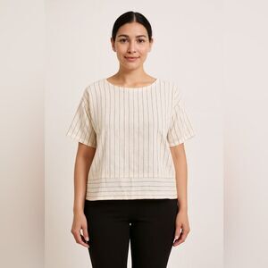 Eileen Fisher Cotton Tencel Gauze Boxy Elbow Sleeve Top Size Large Petite Cream